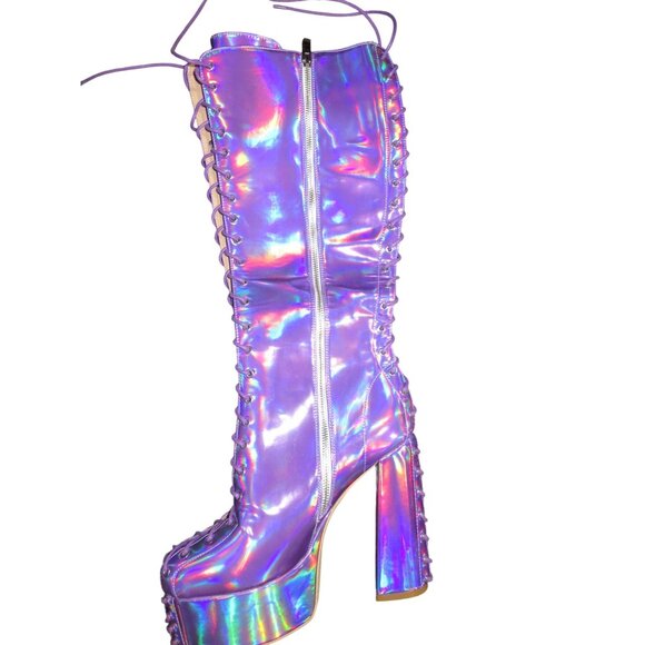 Frankie Hsu Purple Hologram Oil Slick Platform lace Boots Patent vegan leather - Picture 6 of 14